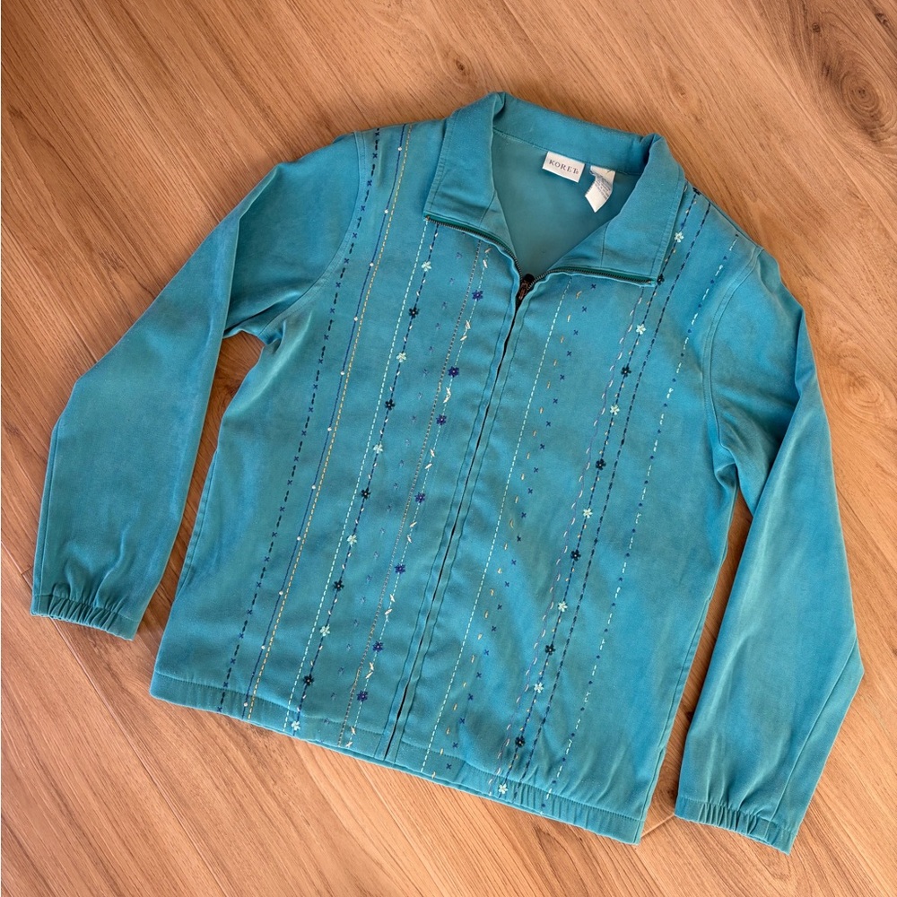 Vintage Teal Zip-Up Jacket with Floral Embroidered Details